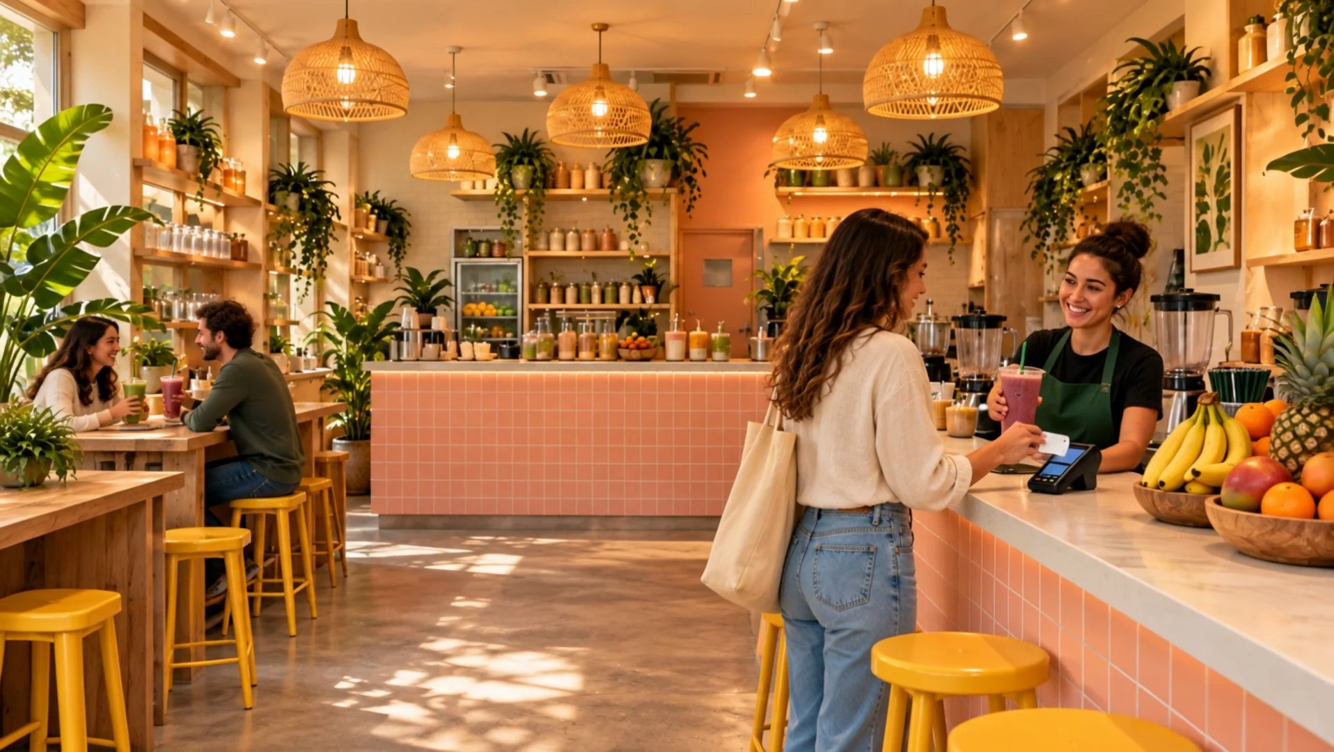 A customer tapping a card at a warm, green-fronted smoothie shop counter.