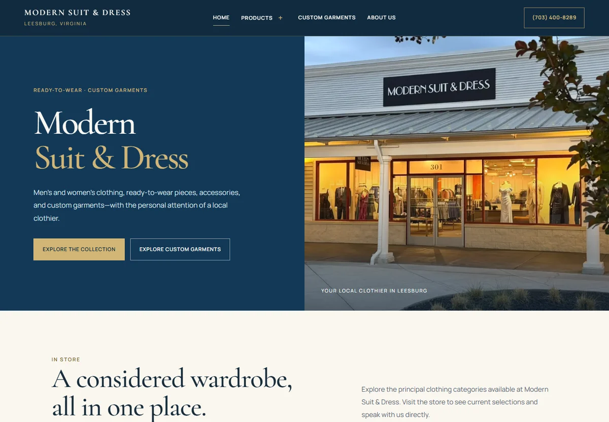 Modern Suit and Dress website, showing the shopfront, clothing collections, and custom garment services.