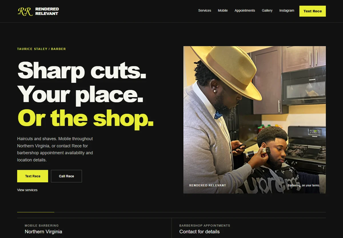 Rendered Relevant website, with a haircut photograph, bold yellow accents, and links to barber services.